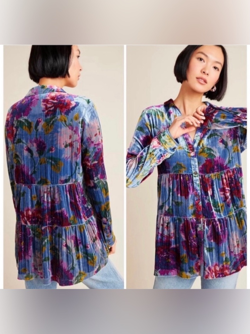 Anthropologie Maeve Reverie Tiered Velvet Tunic Floral Bohemian Boho Festival XS